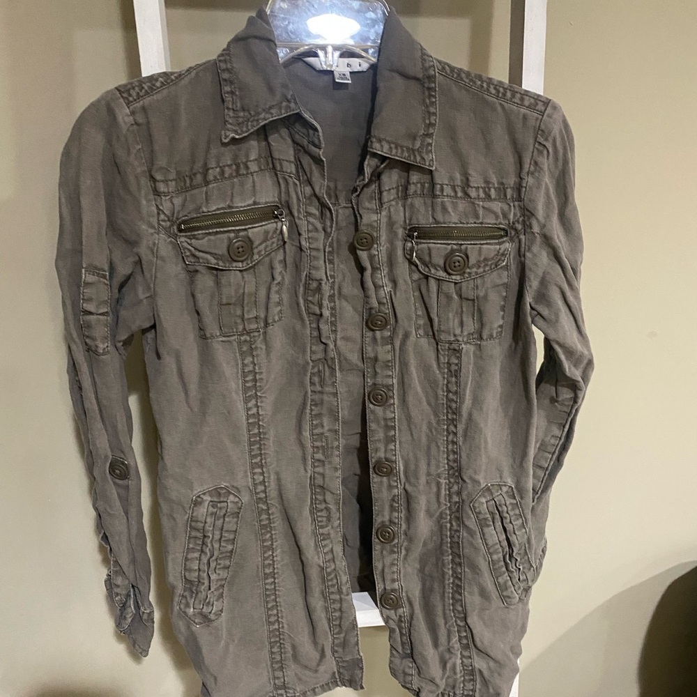 Cabi Sahara Linen Grey Utility Jacket Womens Size XS Buttons Pocket-97